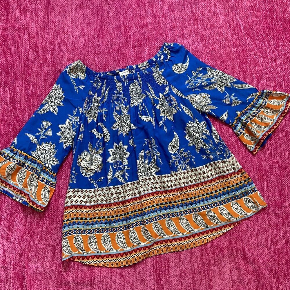 Beachlunchlounge Bell Sleeve Pullover Top Blue Orange Size Medium